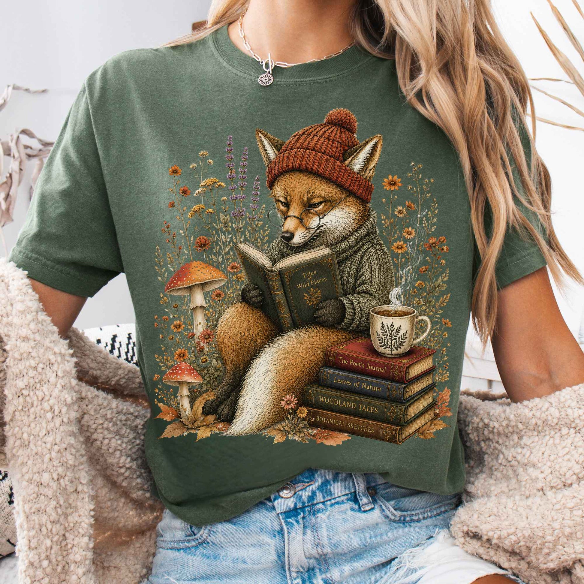 T-Shirt Moss / S The Woodland Reader Fox T-Shirt The Mystic Eden