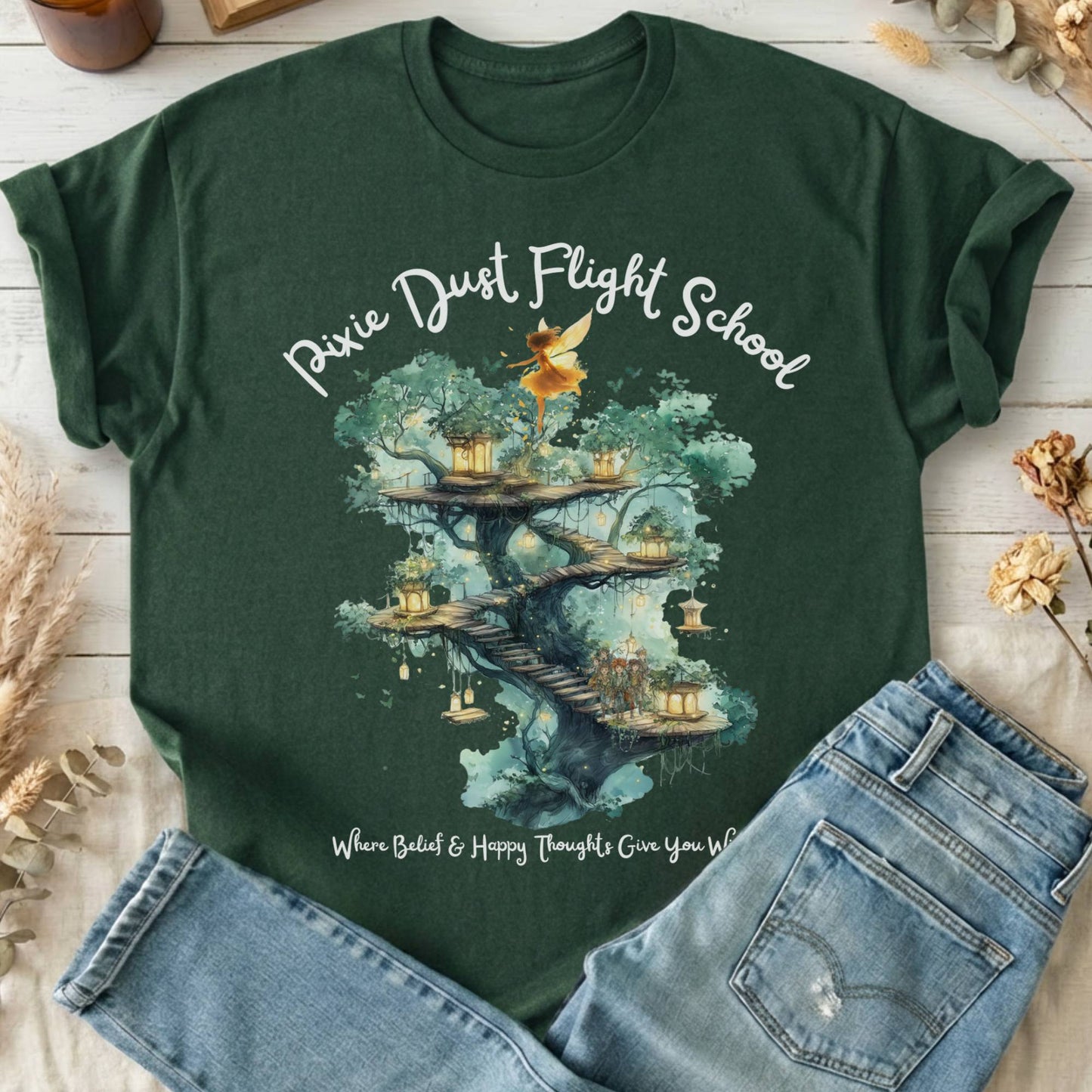 T-Shirts Forest Green / S Pixie Dust Flight School Peter Pan T-Shirt The Mystic Eden