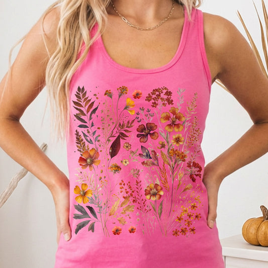 Tank Top Solid Hot Pink / XS Autumn Cottagecore Wildflowers Women's Racerback Tank Top The Mystic Eden