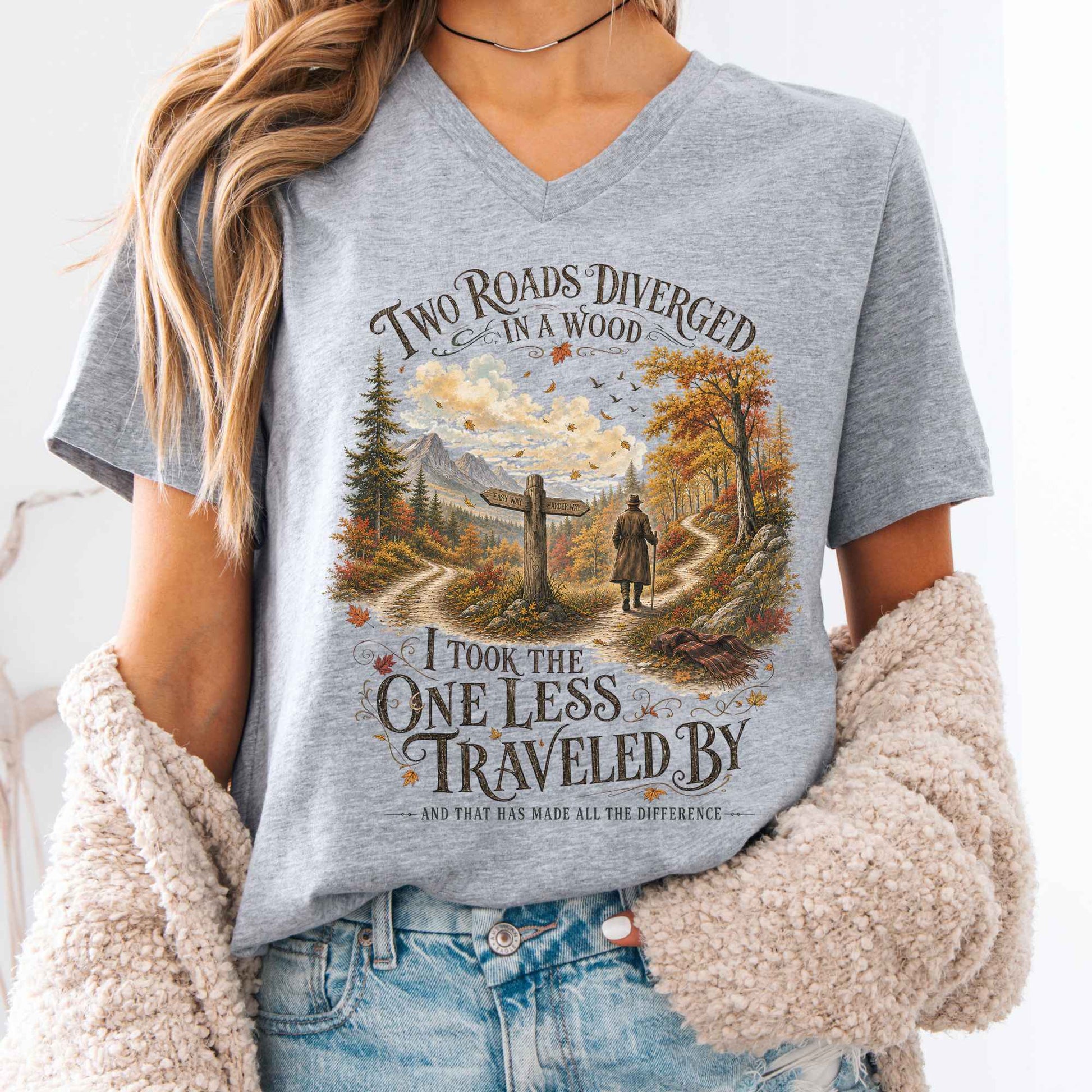 V-neck Athletic Heather / S The Road Not Taken Robert Frost Literary V-Neck The Mystic Eden