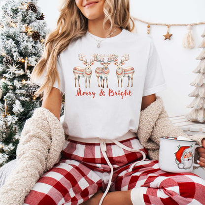 Merry and Bright Reindeer Christmas Tee