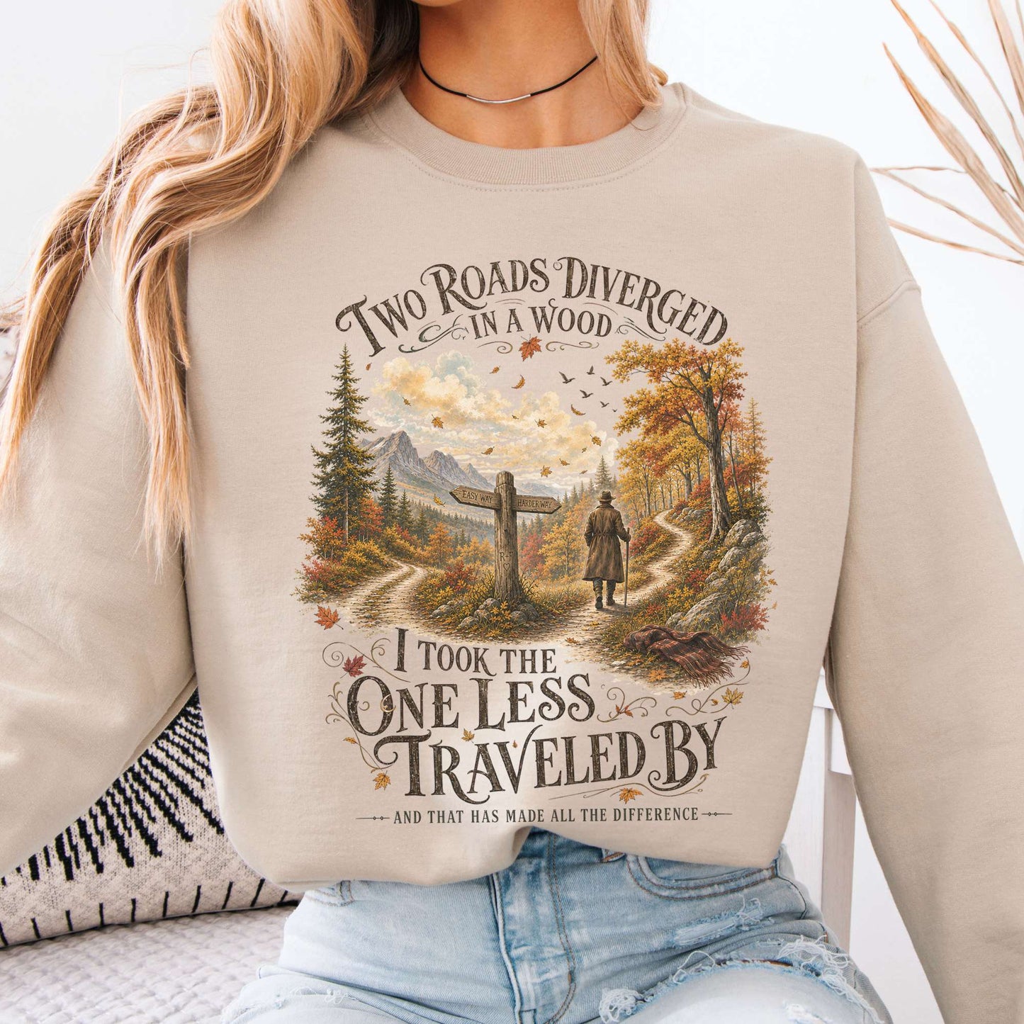 Sweatshirt Sand / S The Road Not Taken Robert Frost Literary Crewneck Sweatshirt The Mystic Eden