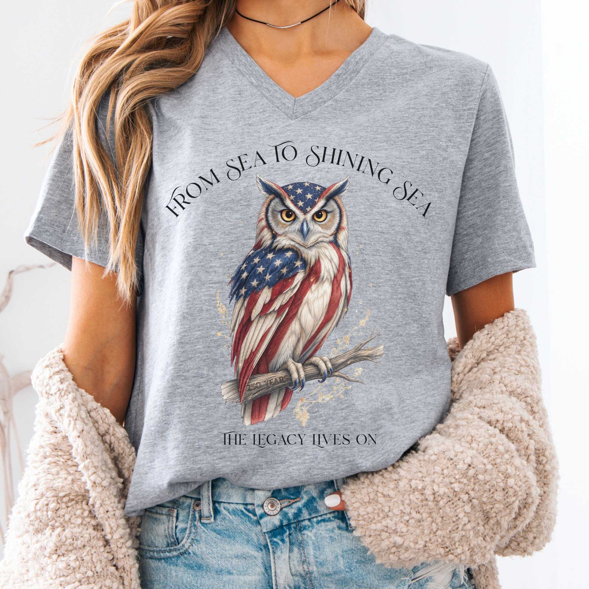 V-neck Athletic Heather / S The Legacy Lives On America 250 Owl V-Neck The Mystic Eden