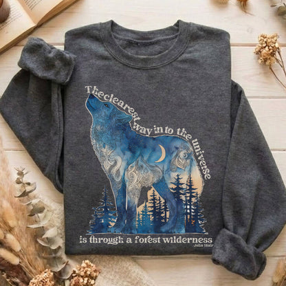Sweatshirt Dark Heather / S The Clearest Way Into The Universe Wolf John Muir Sweatshirt The Mystic Eden