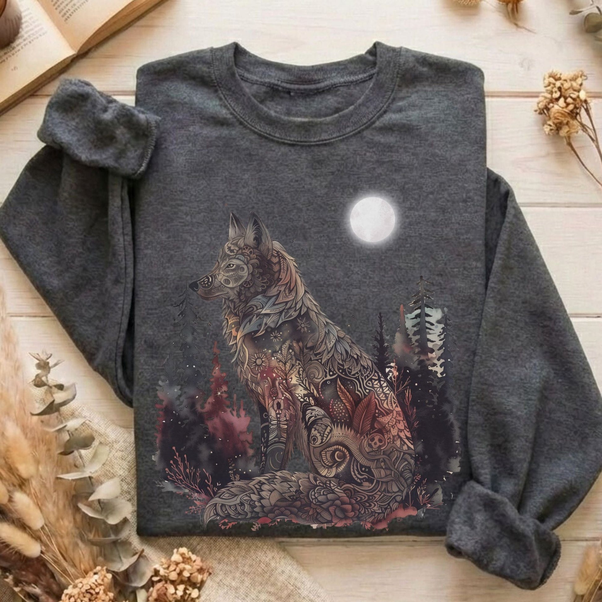 Sweatshirt Dark Heather / S Nightfall Tattoo Wolf Sweatshirt The Mystic Eden
