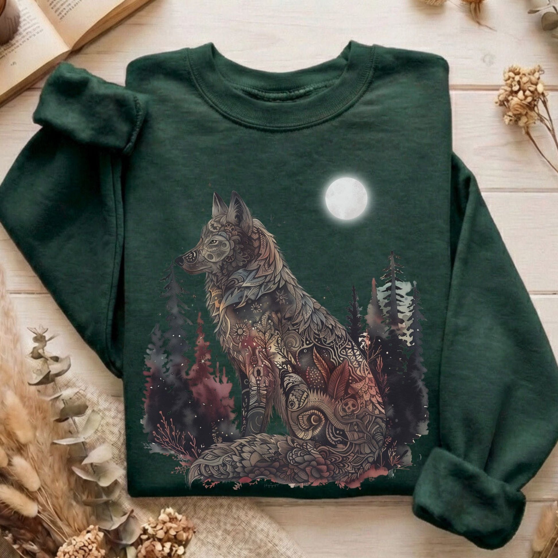 Sweatshirt Forest Green / S Nightfall Tattoo Wolf Sweatshirt The Mystic Eden