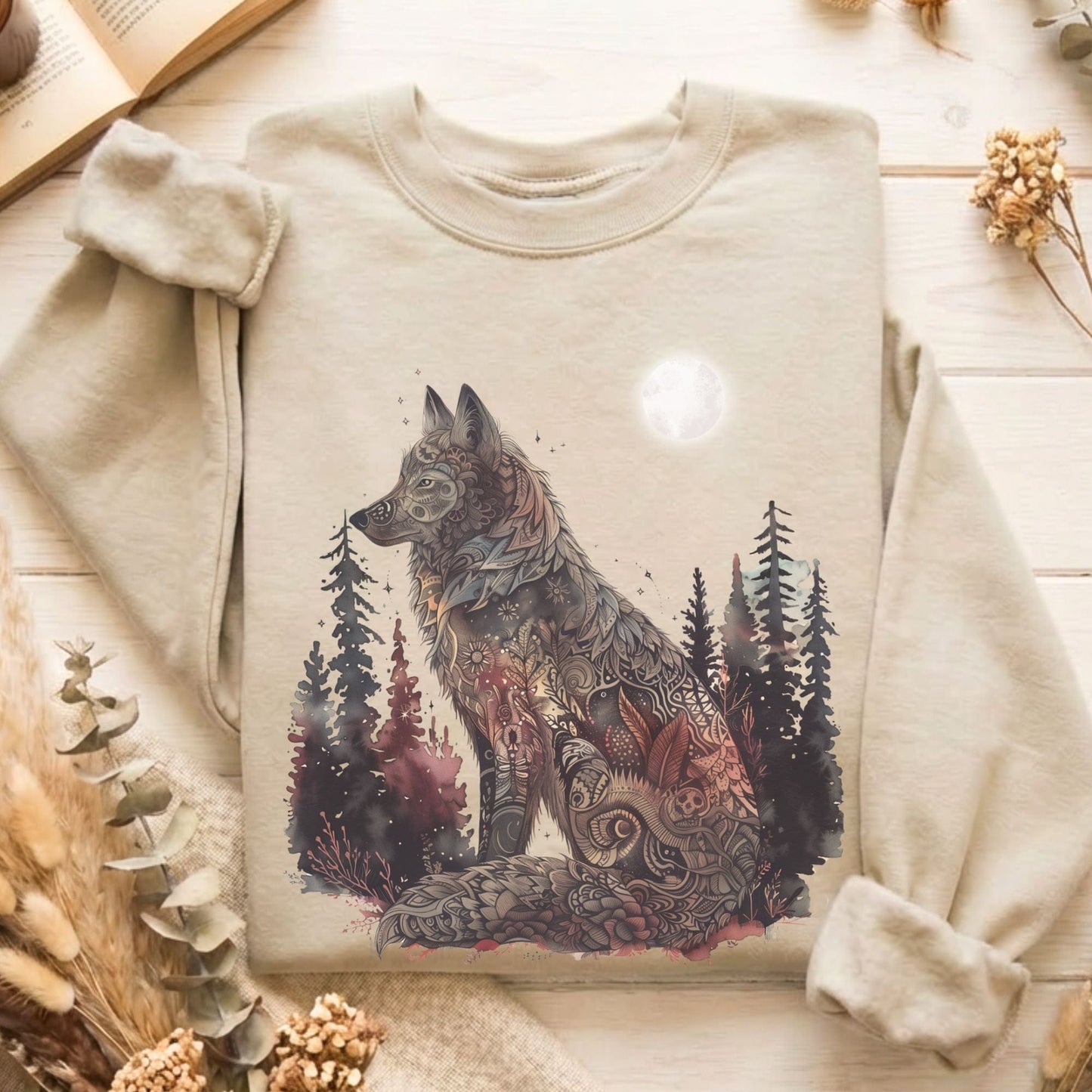 Sweatshirt Sand / S Nightfall Tattoo Wolf Sweatshirt The Mystic Eden