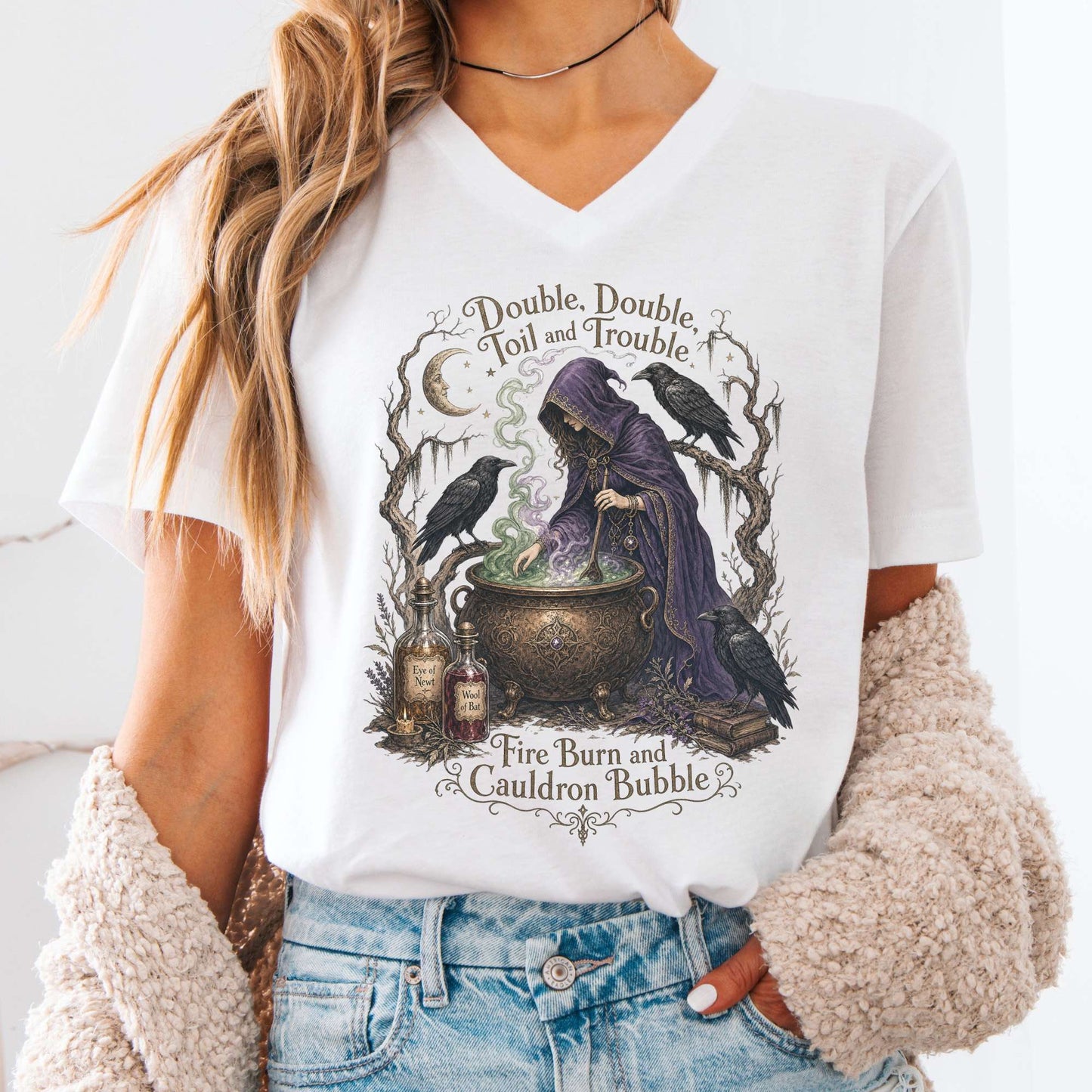 V-neck White / S Double Double Toil and Trouble Macbeth Witch Shakespeare V-Neck The Mystic Eden