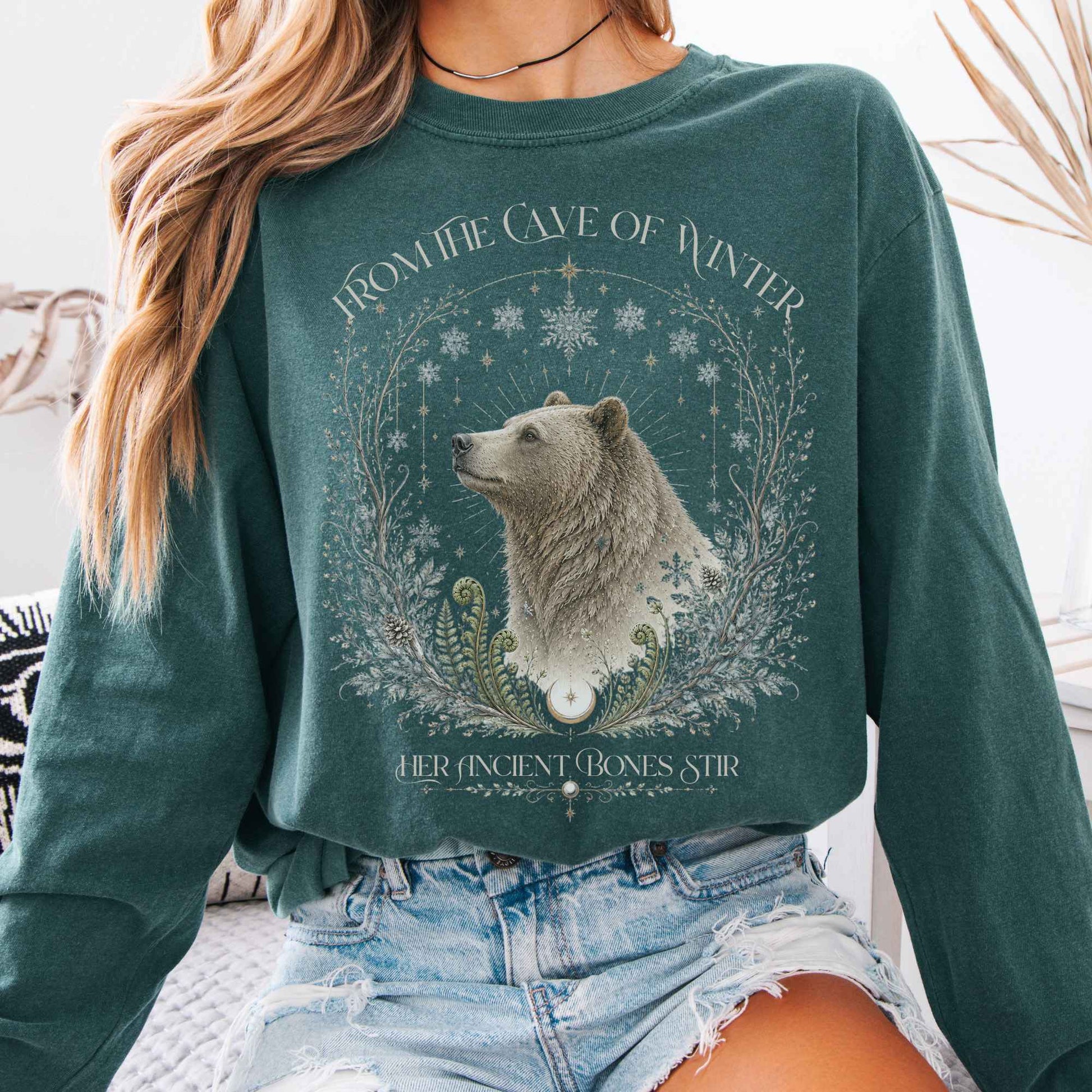Long-sleeve Blue Spruce / S From the Cave of Winter Her Ancient Bones Stir Long Sleeve The Mystic Eden