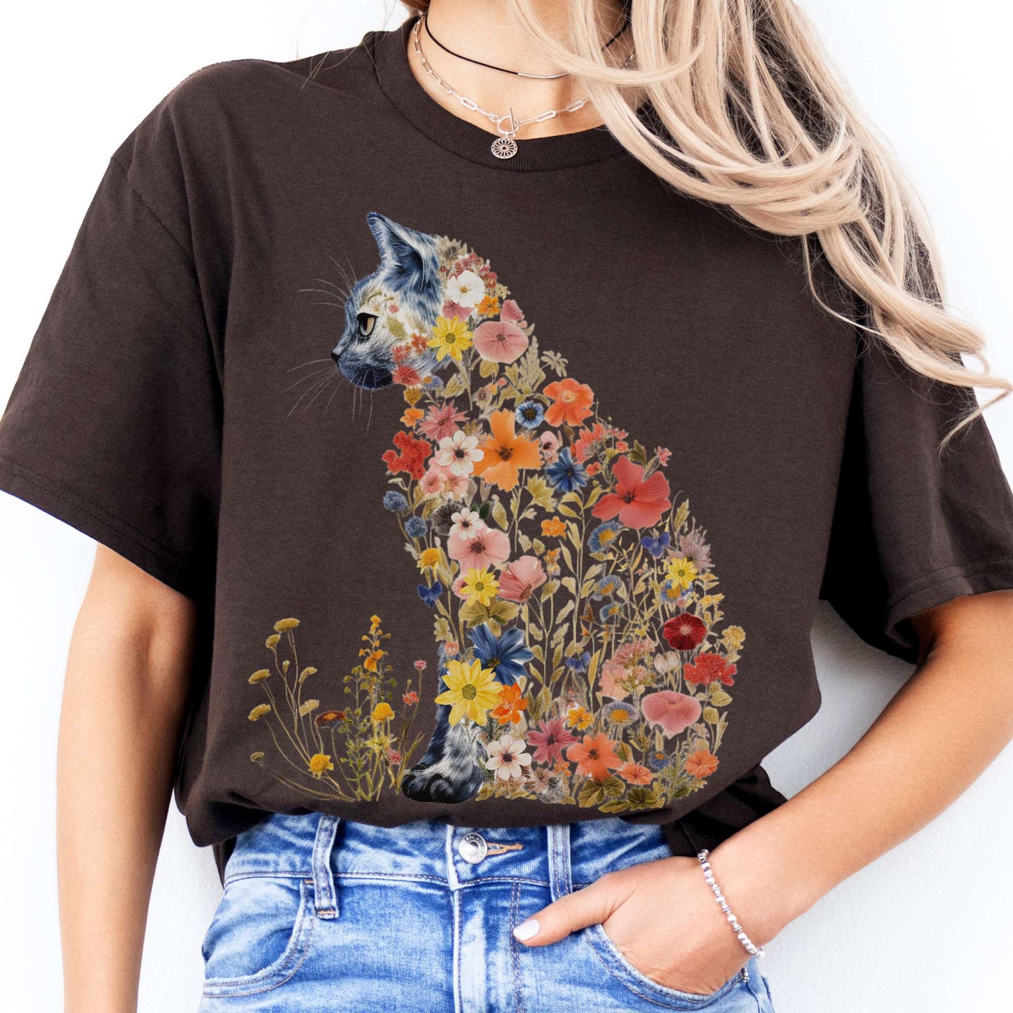 T-Shirts Cottagecore Floral Cat T-Shirt The Mystic Eden