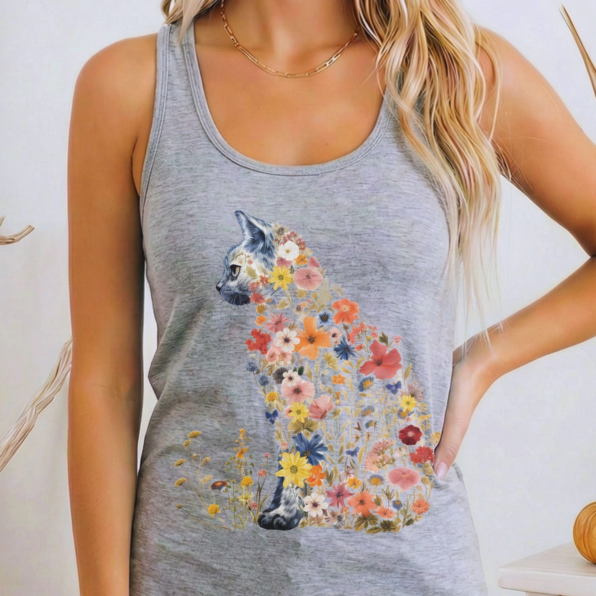 Tank Top XS / Heather Grey Wildflower Cat Women's Racerback Tank Top The Mystic Eden