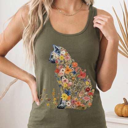 Tank Top XS / Solid Military Green Wildflower Cat Women's Racerback Tank Top The Mystic Eden