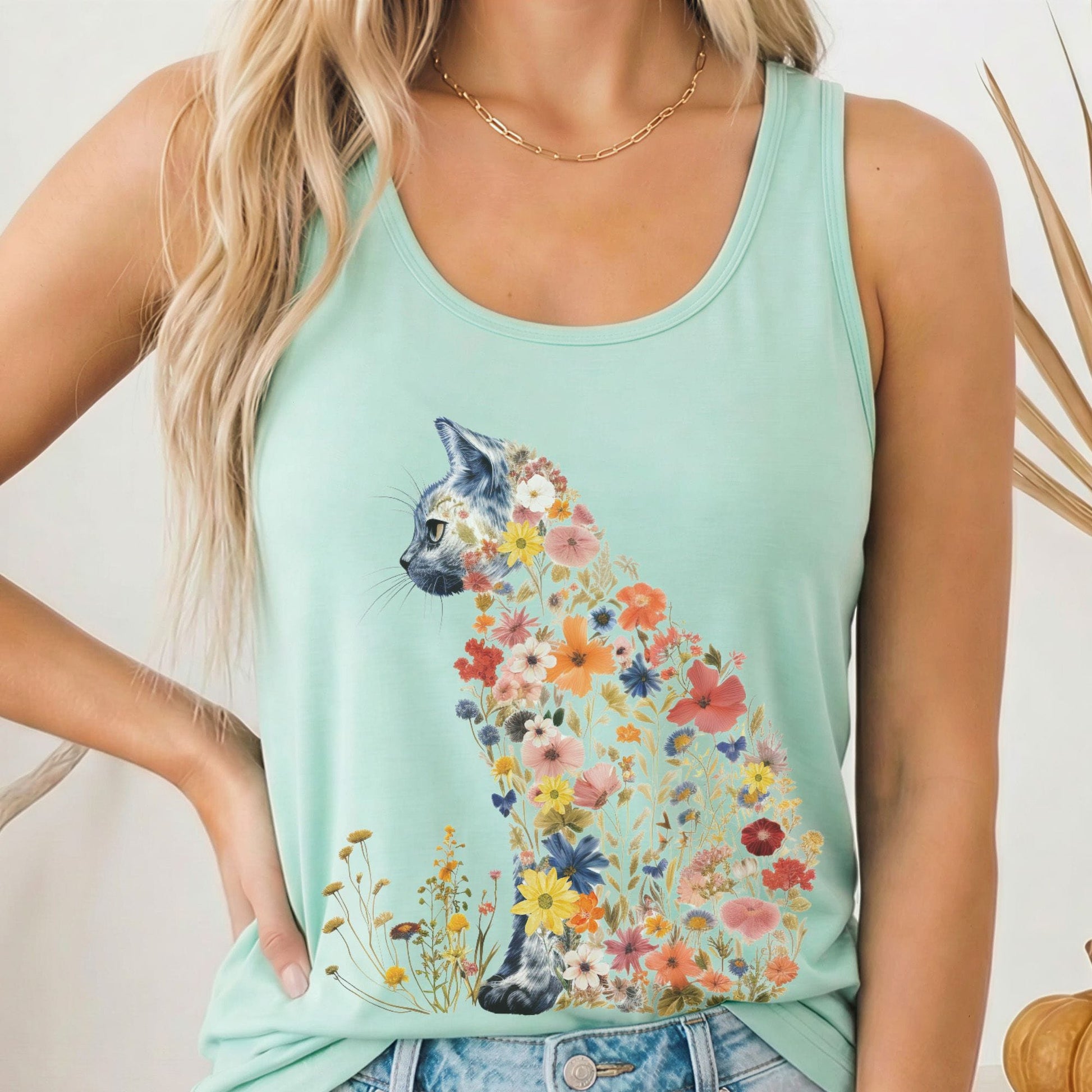 Tank Top XS / Solid Mint Wildflower Cat Women's Racerback Tank Top The Mystic Eden