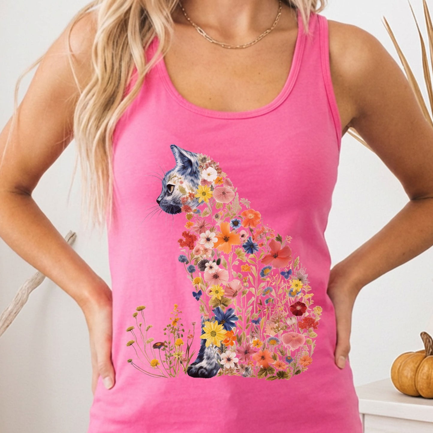 Tank Top XS / Solid Hot Pink Wildflower Cat Women's Racerback Tank Top The Mystic Eden