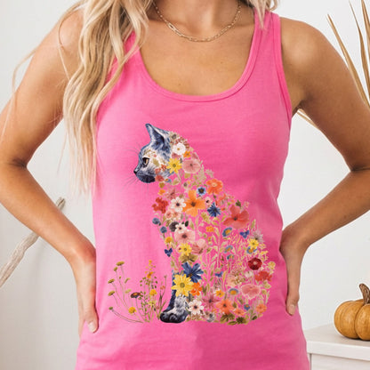 Tank Top XS / Solid Hot Pink Wildflower Cat Women's Racerback Tank Top The Mystic Eden