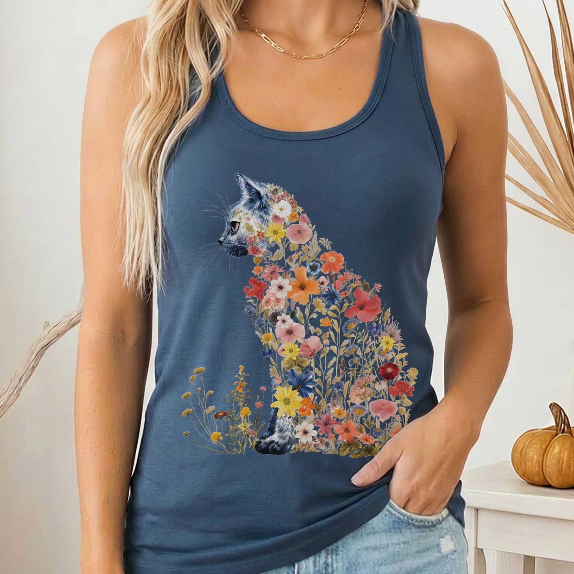 Tank Top XS / Solid Indigo Wildflower Cat Women's Racerback Tank Top The Mystic Eden