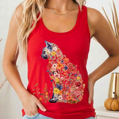 Tank Top XS / Solid Red Wildflower Cat Women's Racerback Tank Top The Mystic Eden
