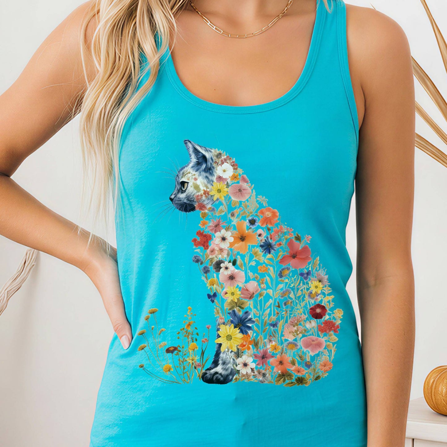 Tank Top XS / Solid Tahiti Blue Wildflower Cat Women's Racerback Tank Top The Mystic Eden