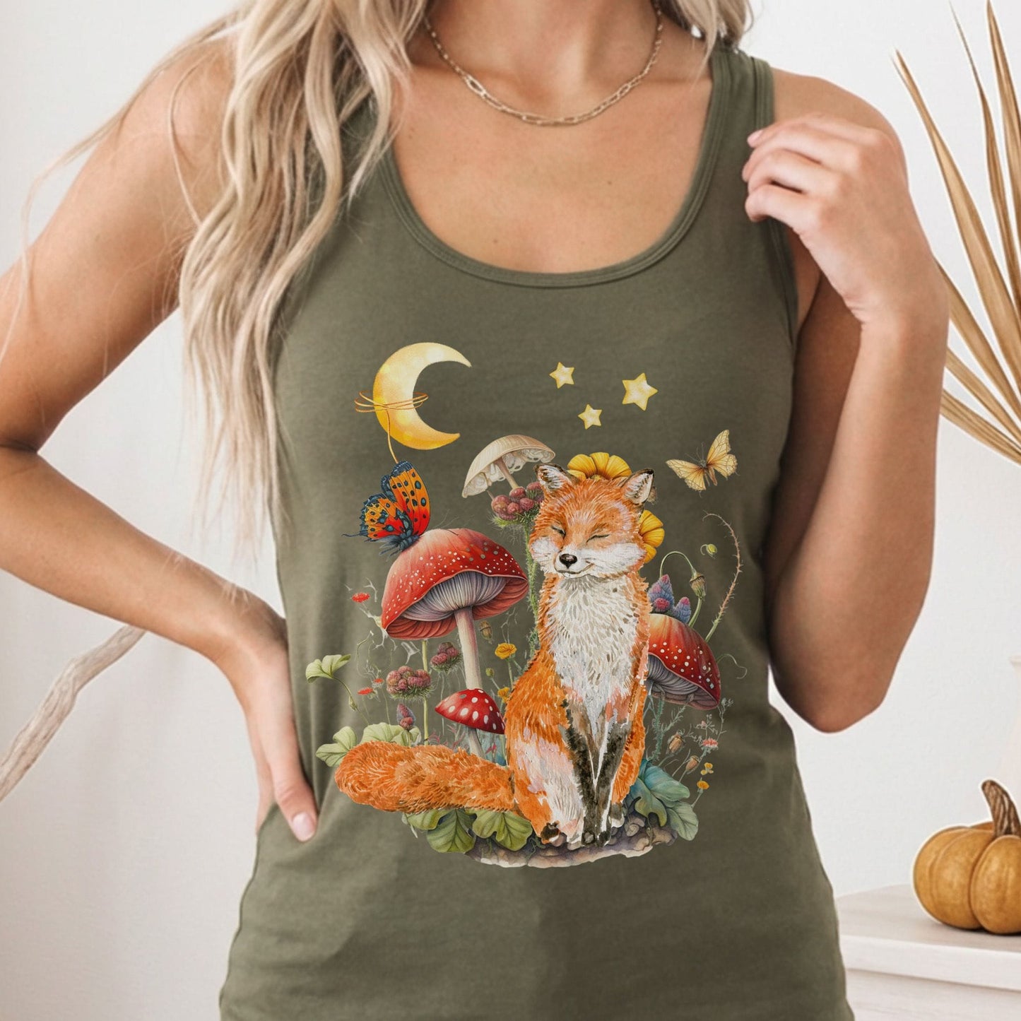 Tank Top Solid Military Green / XS Enchanting Forest Fox Women's Racerback Tank Top The Mystic Eden