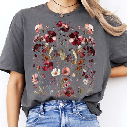 T-Shirts Maroon Pressed Flowers Cottagecore T-Shirt The Mystic Eden