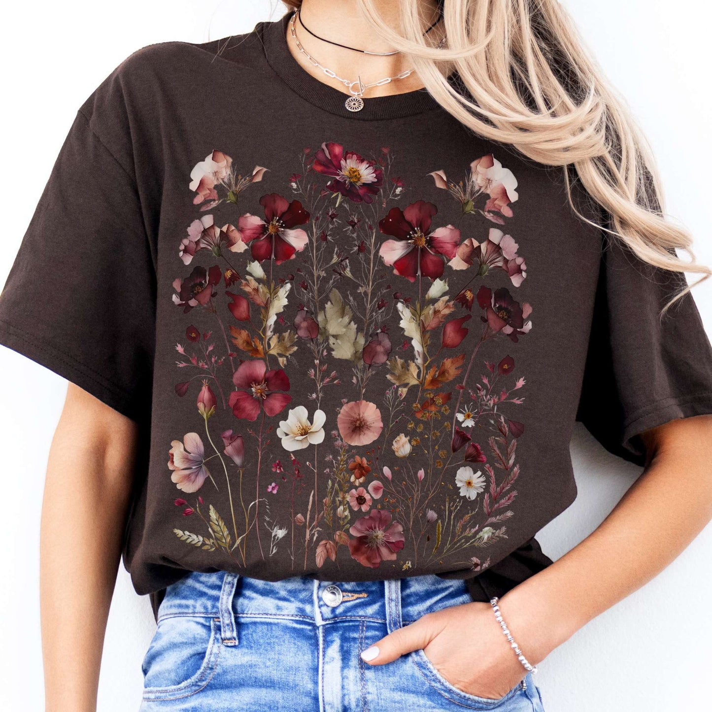 T-Shirts Maroon Pressed Flowers Cottagecore T-Shirt The Mystic Eden