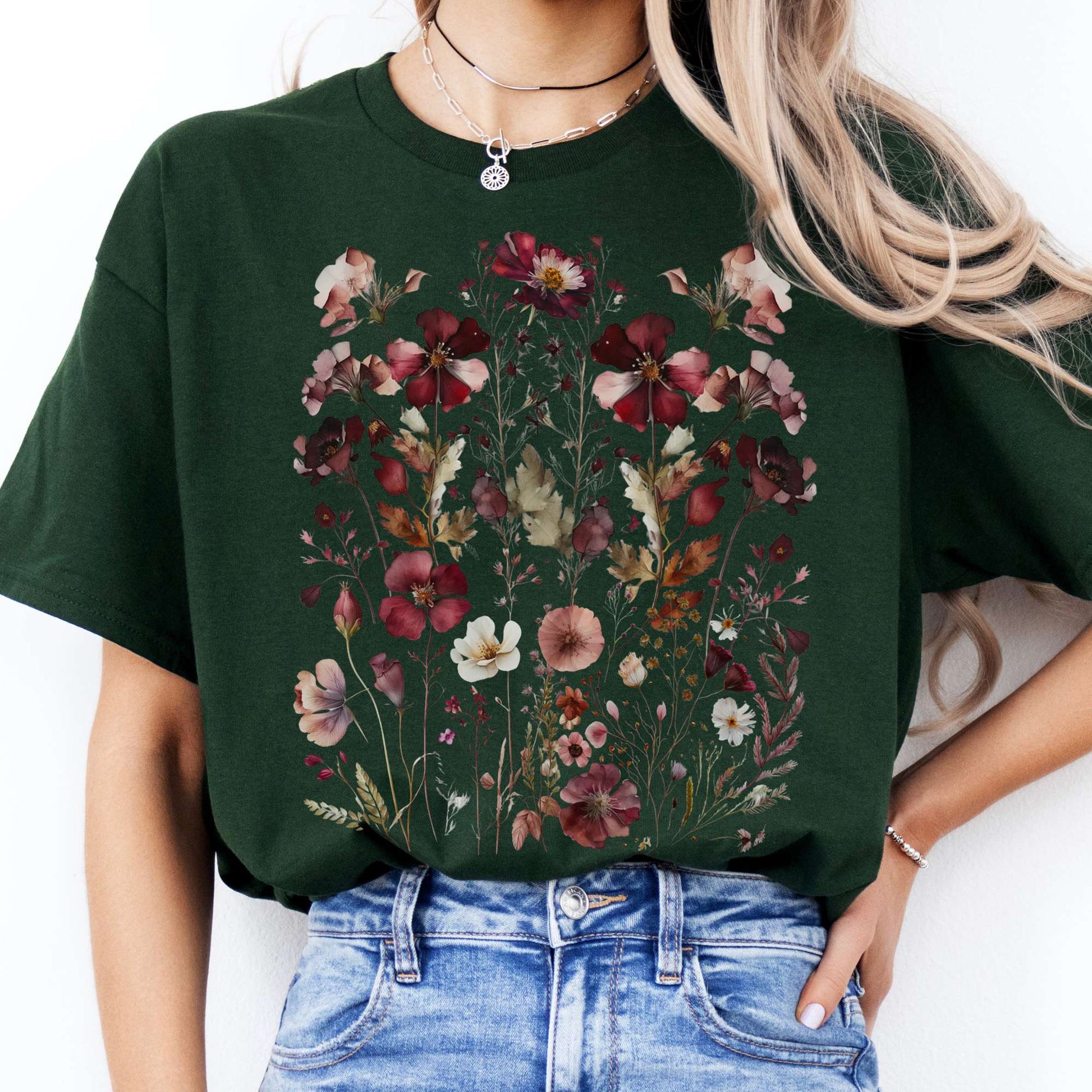 T-Shirts Maroon Pressed Flowers Cottagecore T-Shirt The Mystic Eden