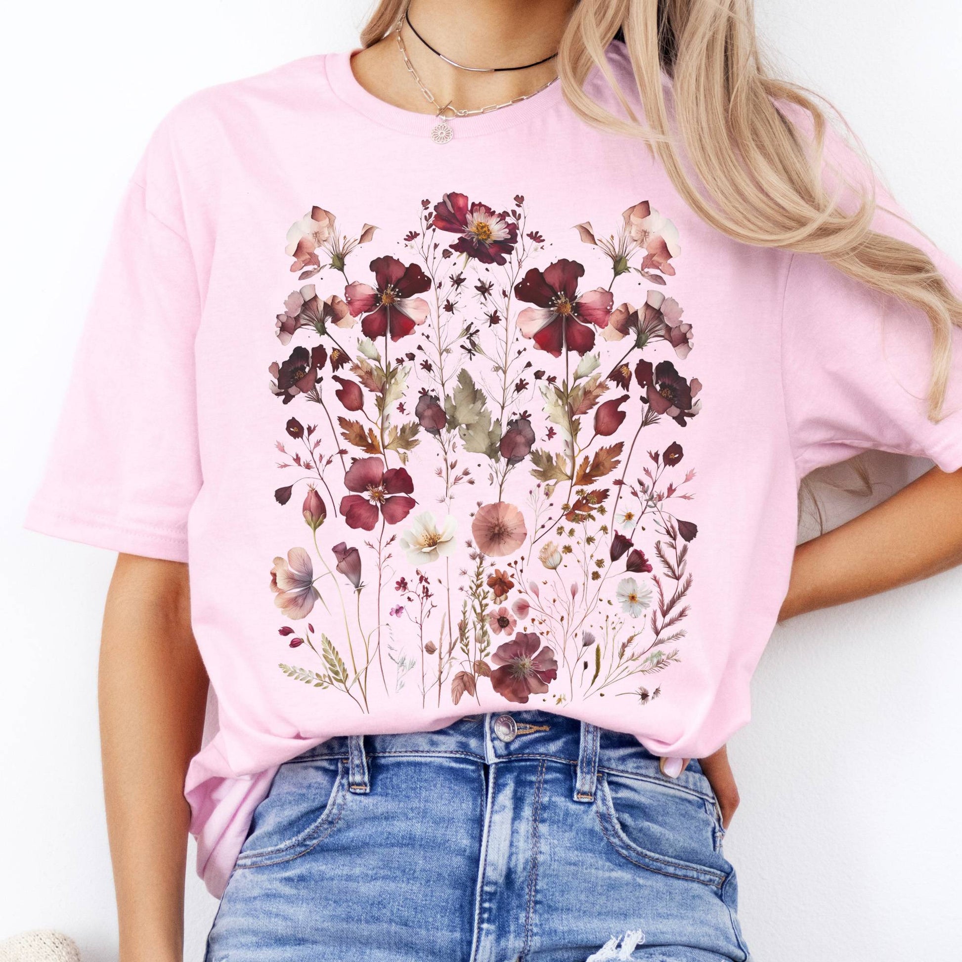T-Shirts Maroon Pressed Flowers Cottagecore T-Shirt The Mystic Eden