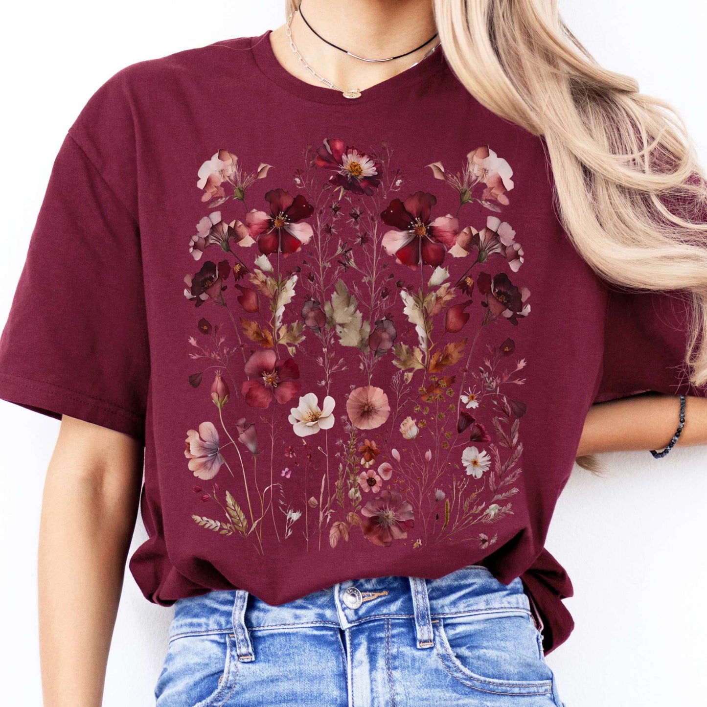 T-Shirts Maroon Pressed Flowers Cottagecore T-Shirt The Mystic Eden