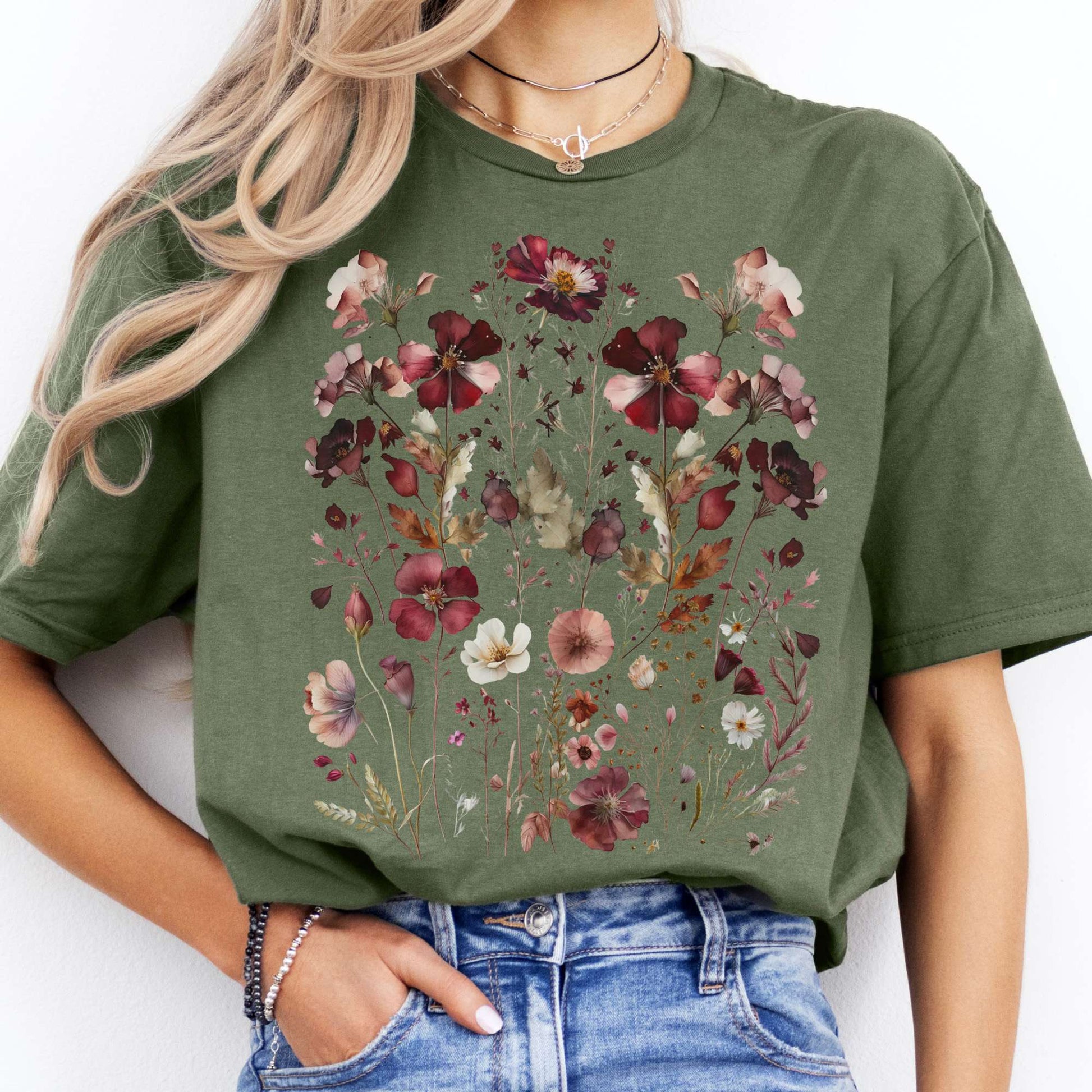 T-Shirts Maroon Pressed Flowers Cottagecore T-Shirt The Mystic Eden