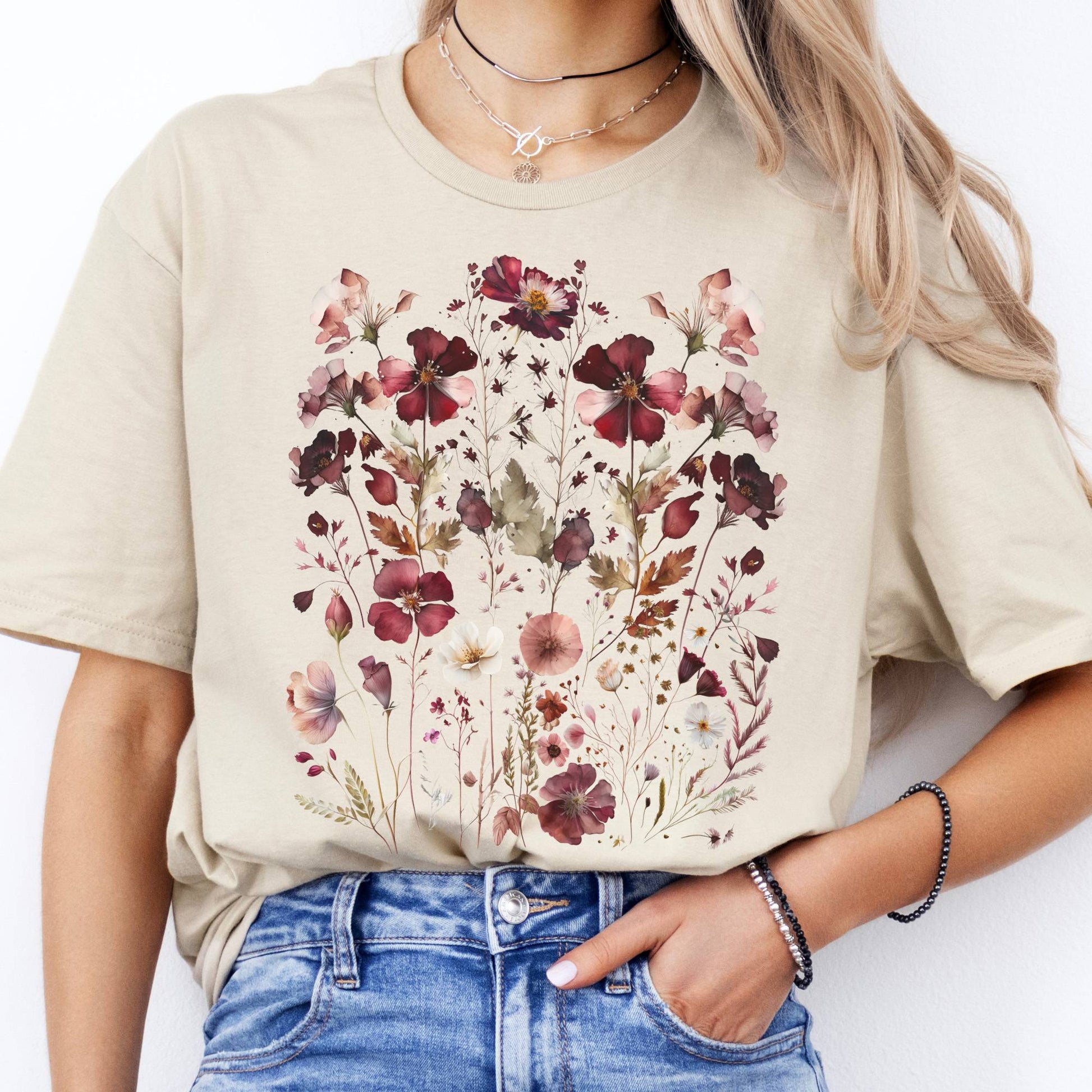 T-Shirts Maroon Pressed Flowers Cottagecore T-Shirt The Mystic Eden