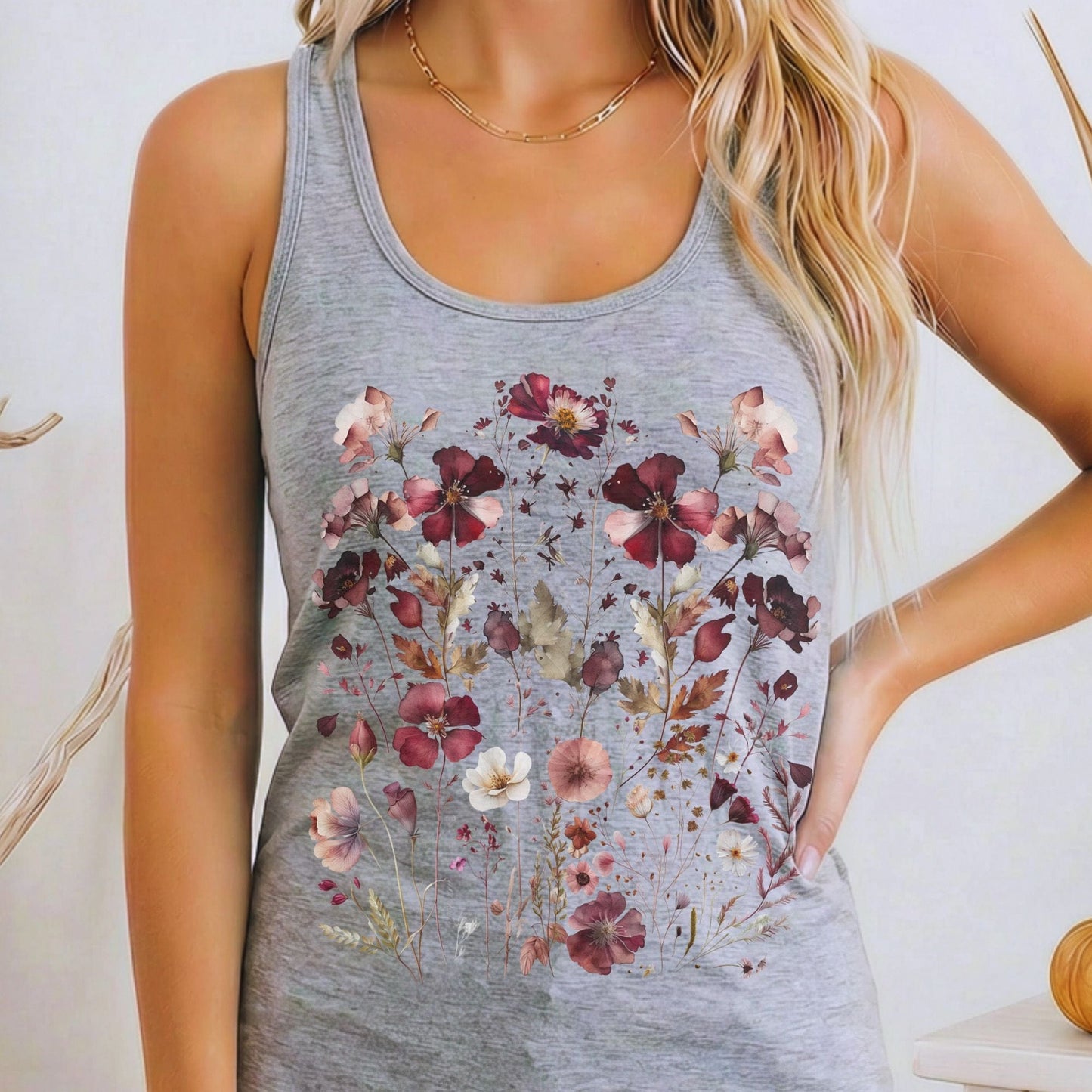 Tank Top Heather Grey / XS Maroon Pressed Flowers Cottagecore Women's Racerback Tank Top The Mystic Eden