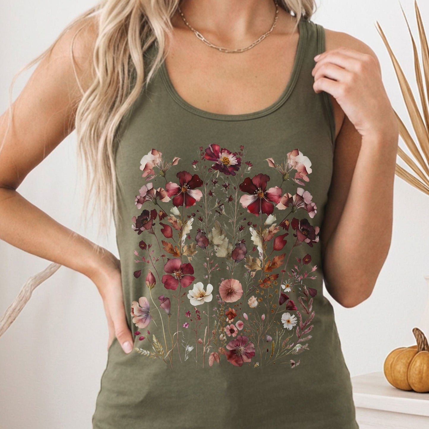 Tank Top Solid Military Green / XS Maroon Pressed Flowers Cottagecore Women's Racerback Tank Top The Mystic Eden