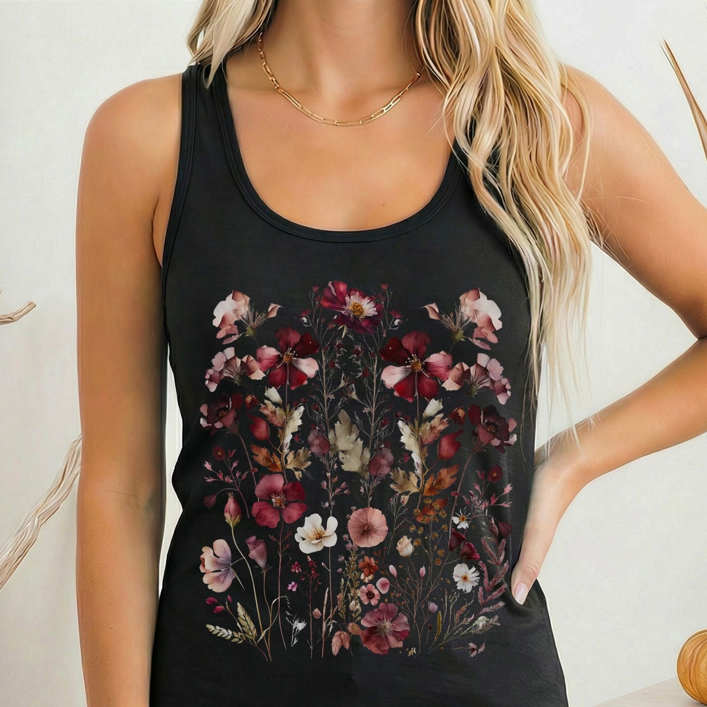 Tank Top Solid Black / XS Maroon Pressed Flowers Cottagecore Women's Racerback Tank Top The Mystic Eden