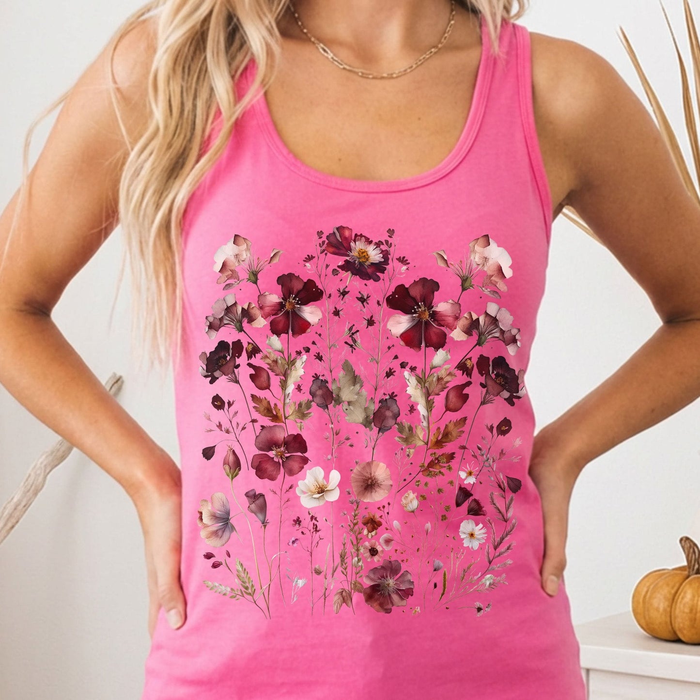 Tank Top Solid Hot Pink / XS Maroon Pressed Flowers Cottagecore Women's Racerback Tank Top The Mystic Eden