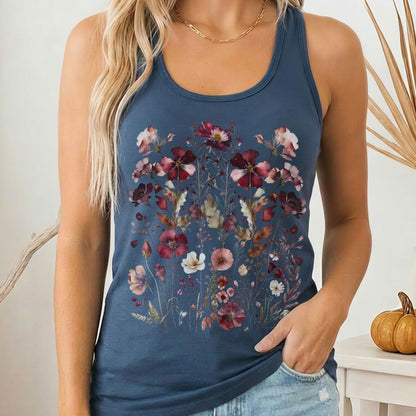 Tank Top Solid Indigo / XS Maroon Pressed Flowers Cottagecore Women's Racerback Tank Top The Mystic Eden