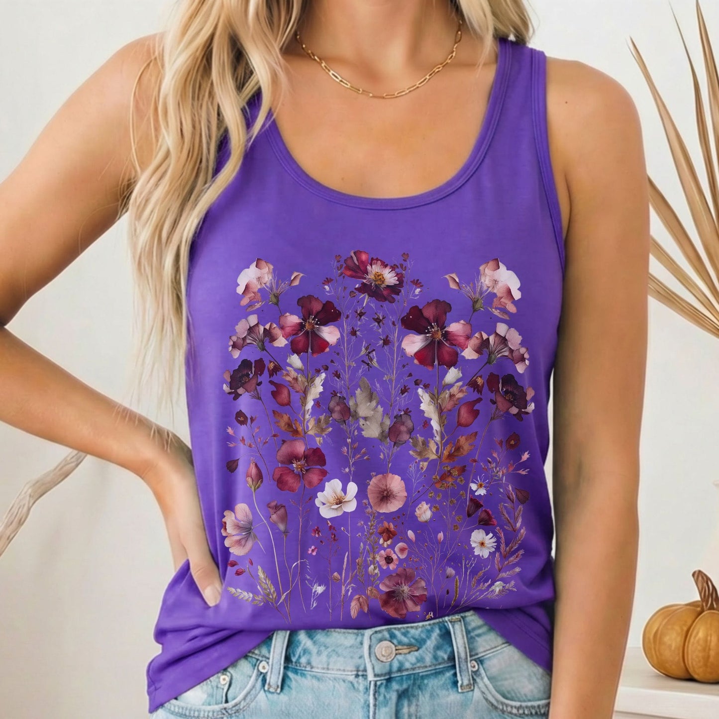 Tank Top Solid Purple Rush / XS Maroon Pressed Flowers Cottagecore Women's Racerback Tank Top The Mystic Eden