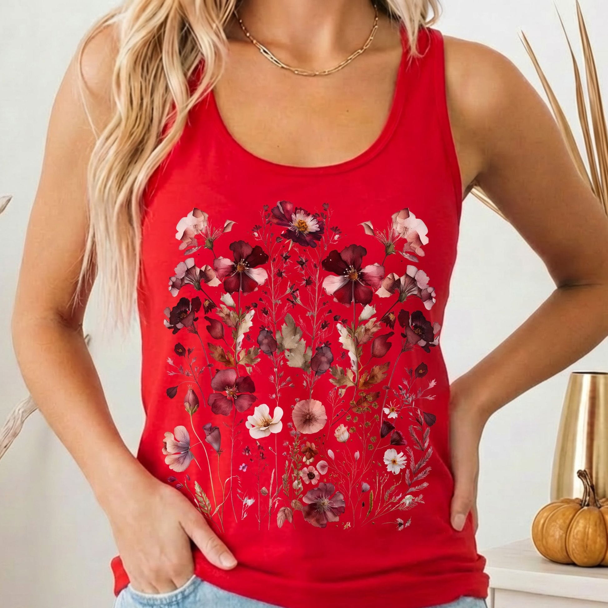 Tank Top Solid Red / XS Maroon Pressed Flowers Cottagecore Women's Racerback Tank Top The Mystic Eden