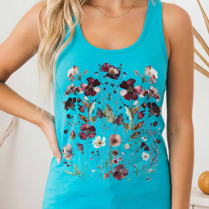Tank Top Solid Tahiti Blue / XS Maroon Pressed Flowers Cottagecore Women's Racerback Tank Top The Mystic Eden