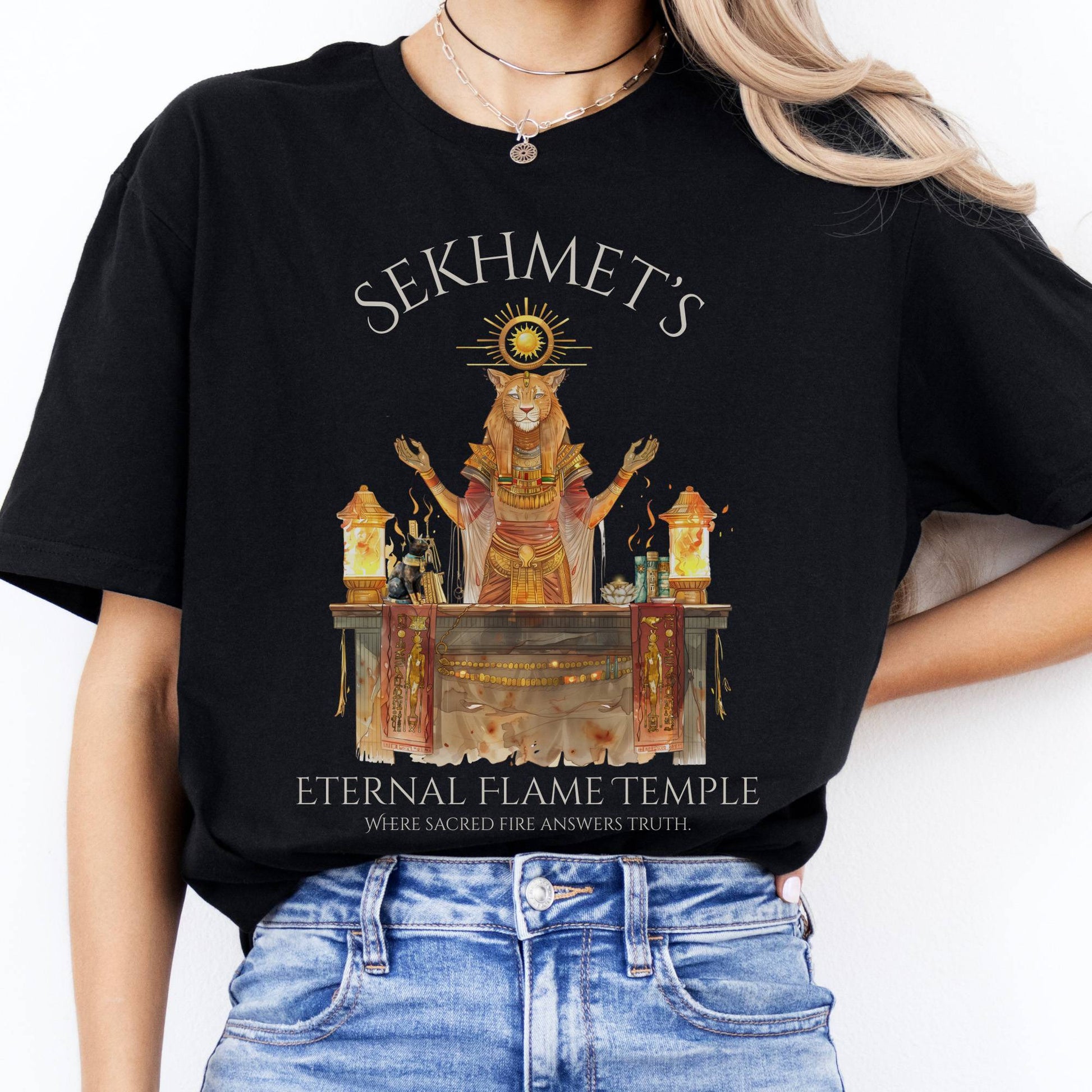 T-Shirts Sekhmet's Eternal Flame Temple Egyptian Mythology T-Shirt The Mystic Eden