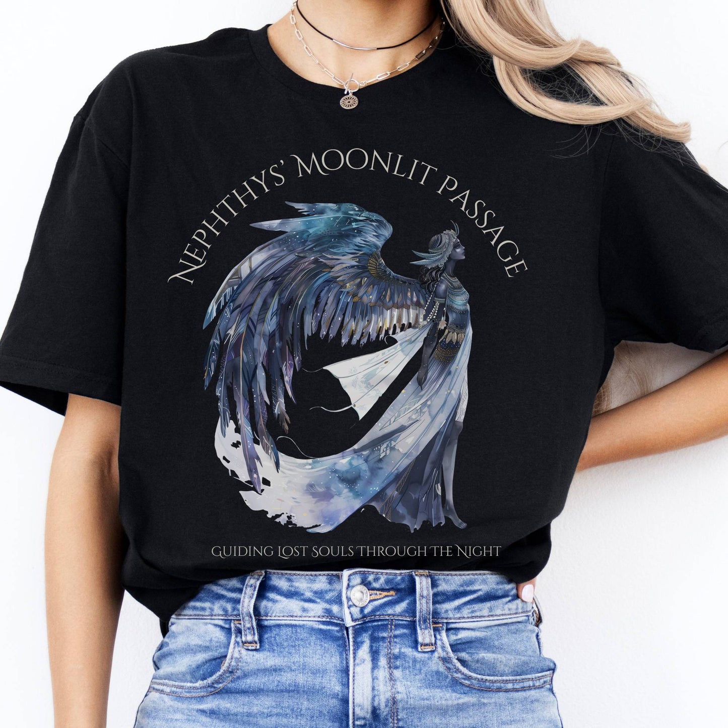 T-Shirts Nephthys' Moonlit Passage Egyptian Mythology T-Shirt The Mystic Eden
