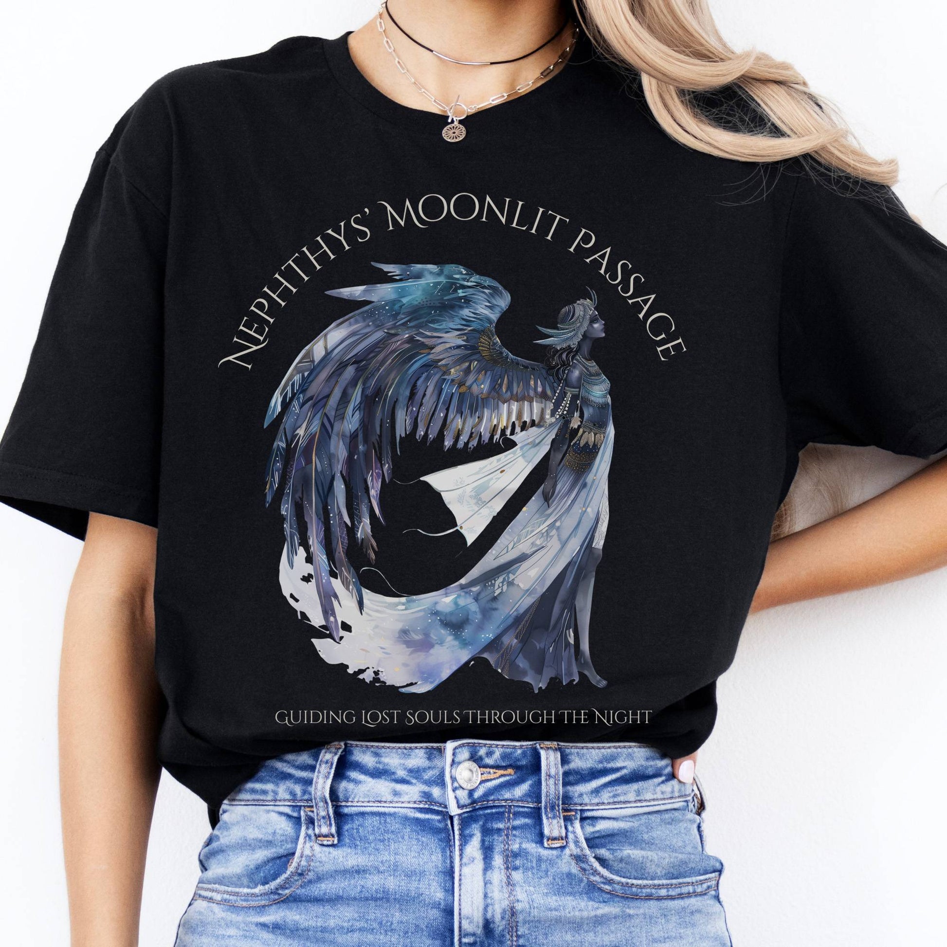 T-Shirts Nephthys' Moonlit Passage Egyptian Mythology T-Shirt The Mystic Eden