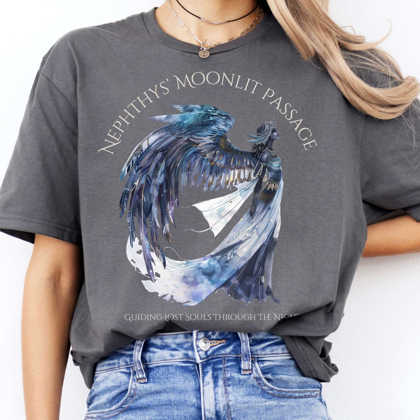 T-Shirts Nephthys' Moonlit Passage Egyptian Mythology T-Shirt The Mystic Eden