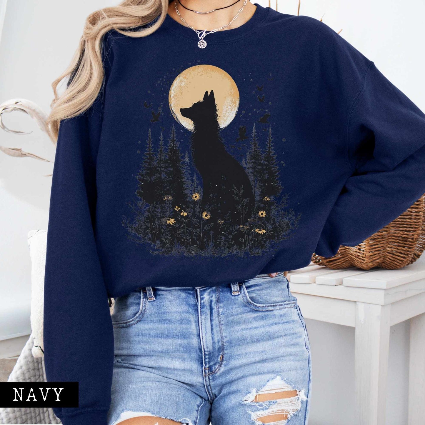 Mystical Fox Under Yellow Moon Sweatshirt