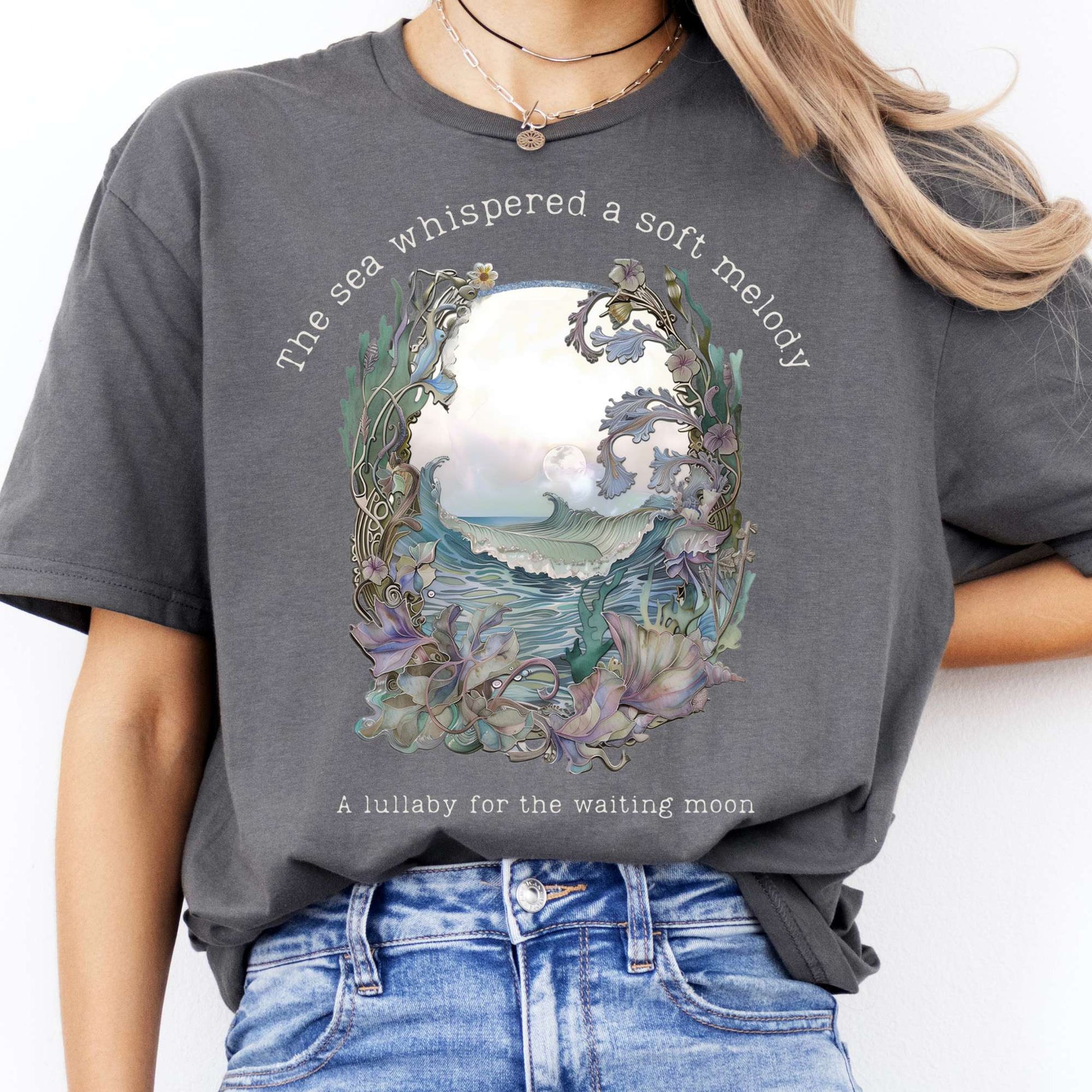 T-Shirts The Sea Whispered A Soft Melody for the Waiting Moon Poetry T-Shirt The Mystic Eden