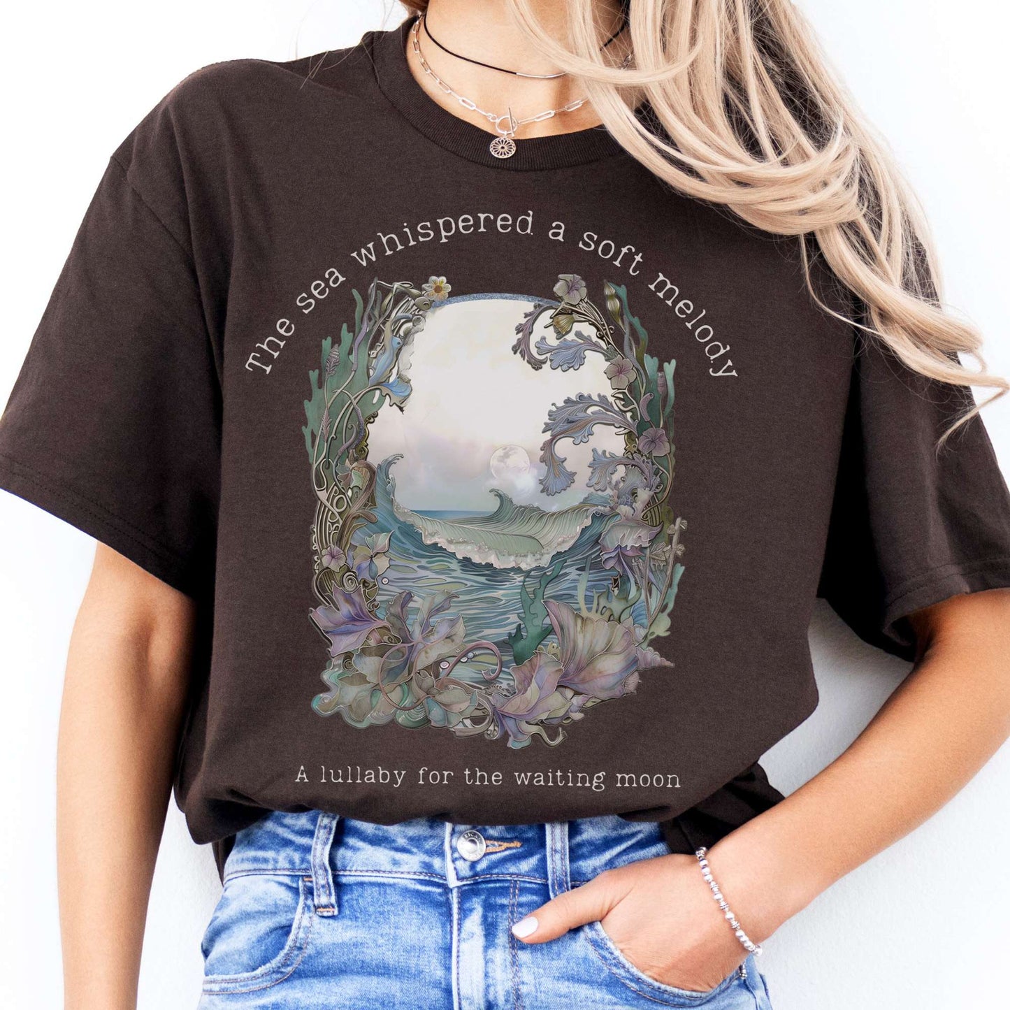 T-Shirts The Sea Whispered A Soft Melody for the Waiting Moon Poetry T-Shirt The Mystic Eden