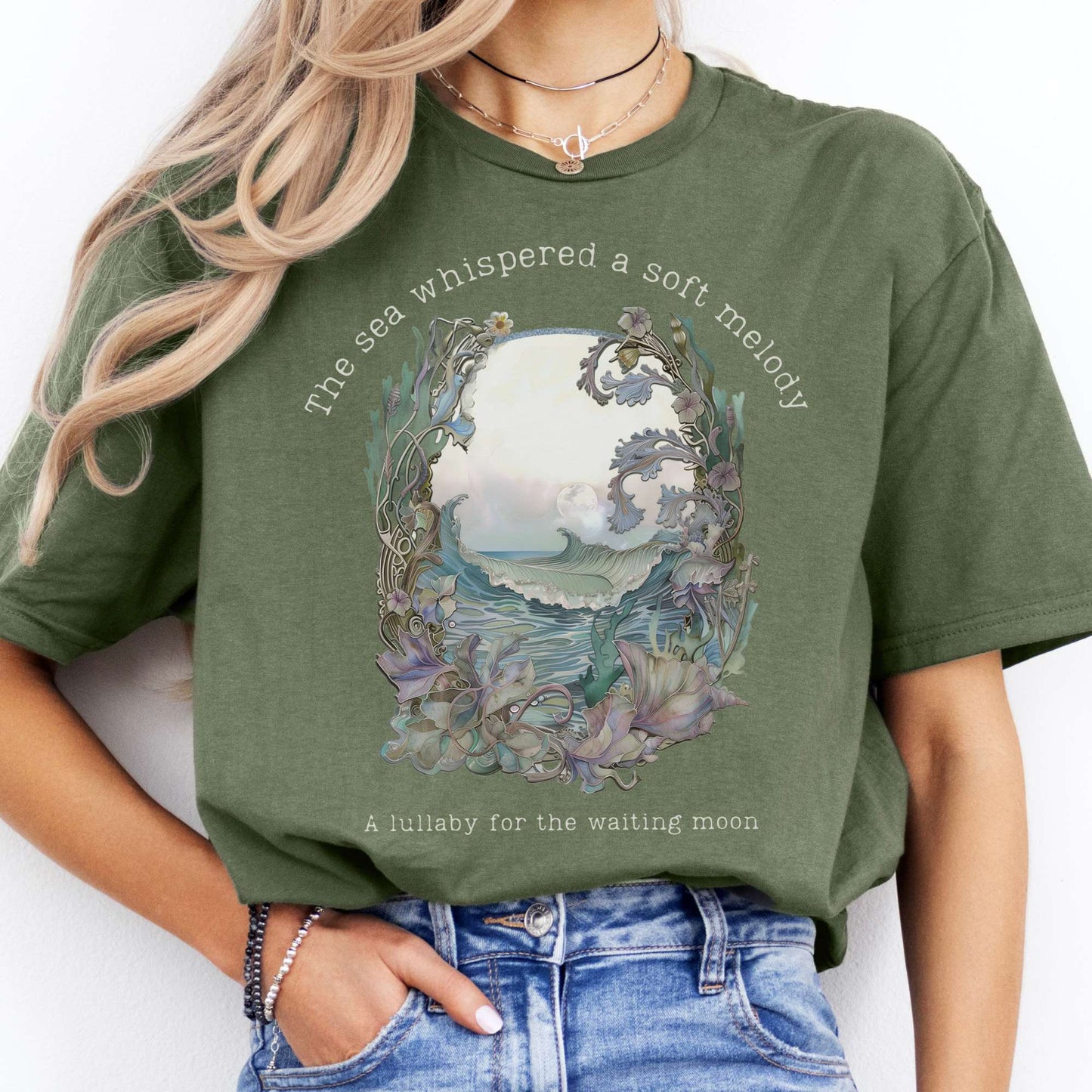 T-Shirts The Sea Whispered A Soft Melody for the Waiting Moon Poetry T-Shirt The Mystic Eden