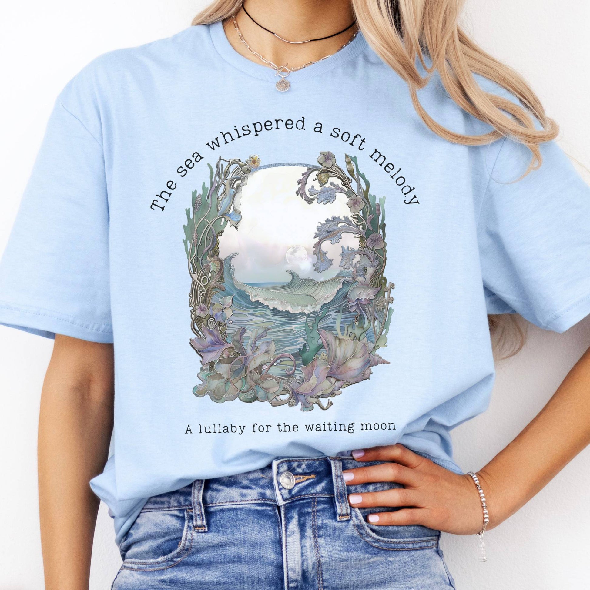 T-Shirts The Sea Whispered A Soft Melody for the Waiting Moon Poetry T-Shirt The Mystic Eden