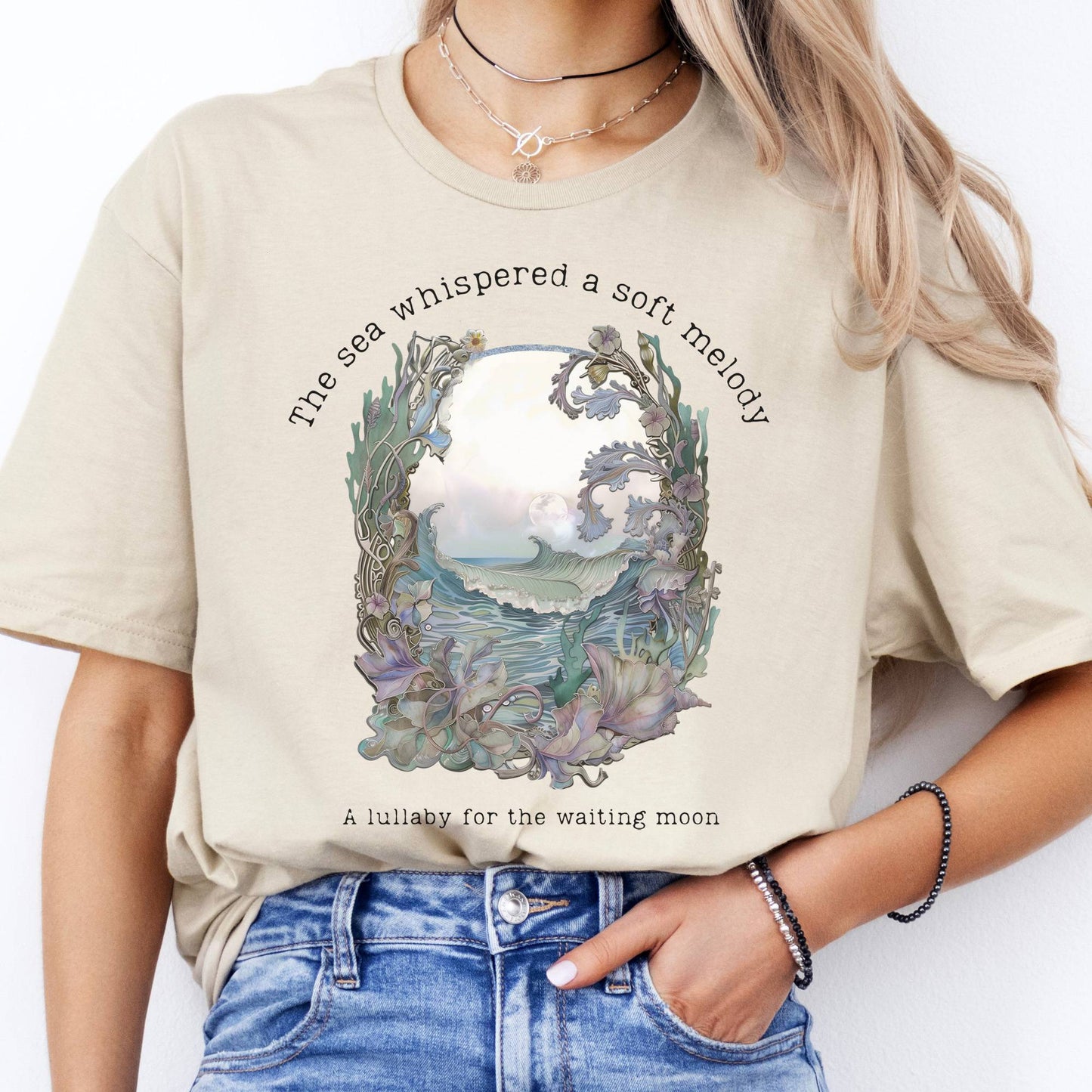 T-Shirts The Sea Whispered A Soft Melody for the Waiting Moon Poetry T-Shirt The Mystic Eden