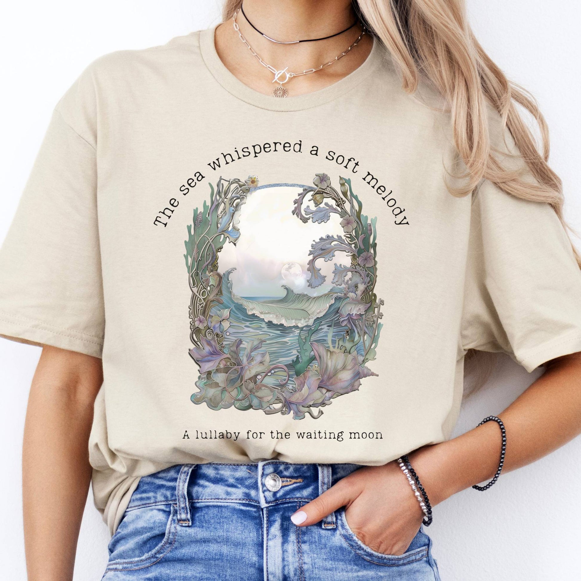 T-Shirts The Sea Whispered A Soft Melody for the Waiting Moon Poetry T-Shirt The Mystic Eden