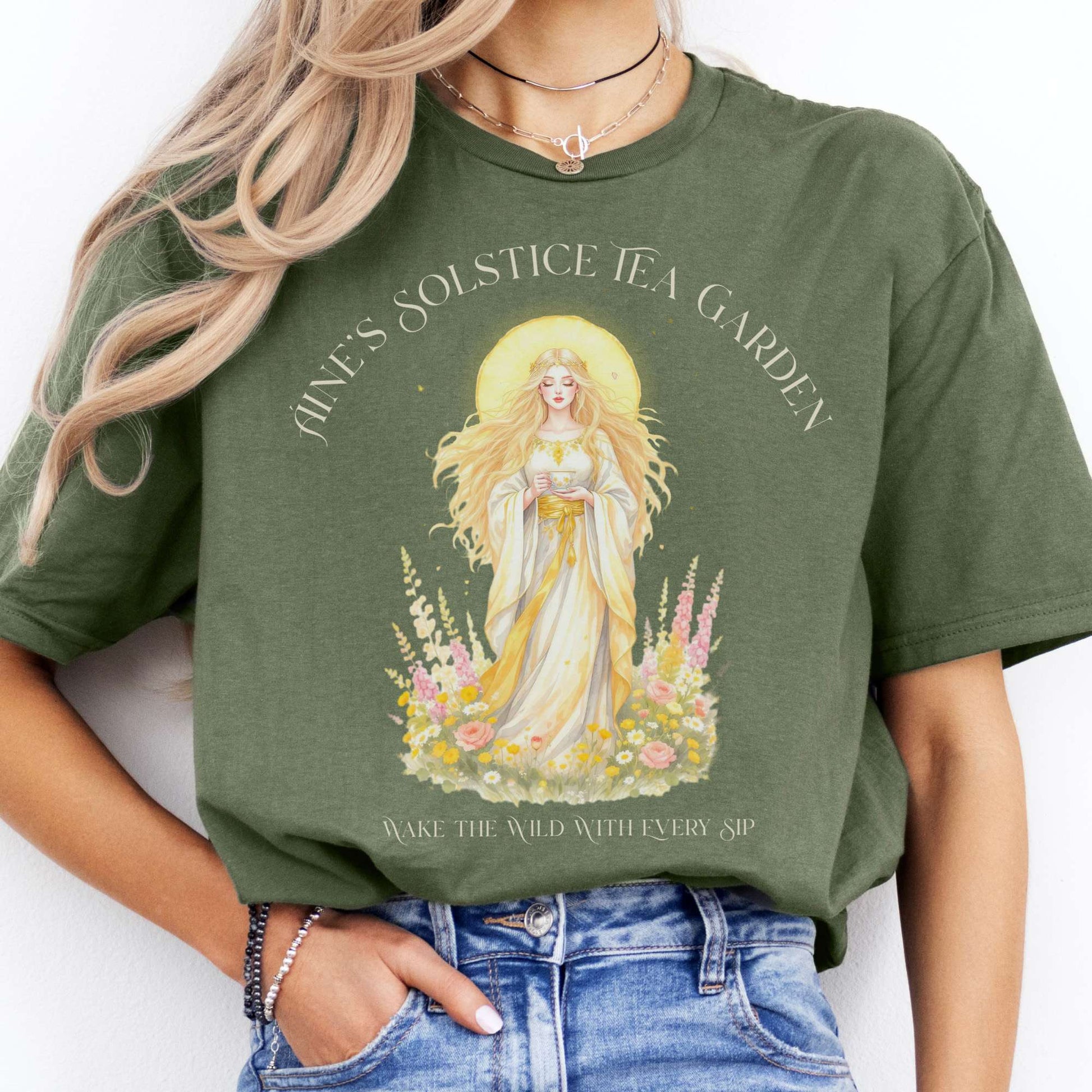 T-Shirt Áine’s Solstice Tea Garden Celtic Goddess T-Shirt The Mystic Eden
